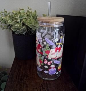 Fantasy Garden Picnic Glass Tumbler, Bookish Dragon Sword Design, Bamboo Lid